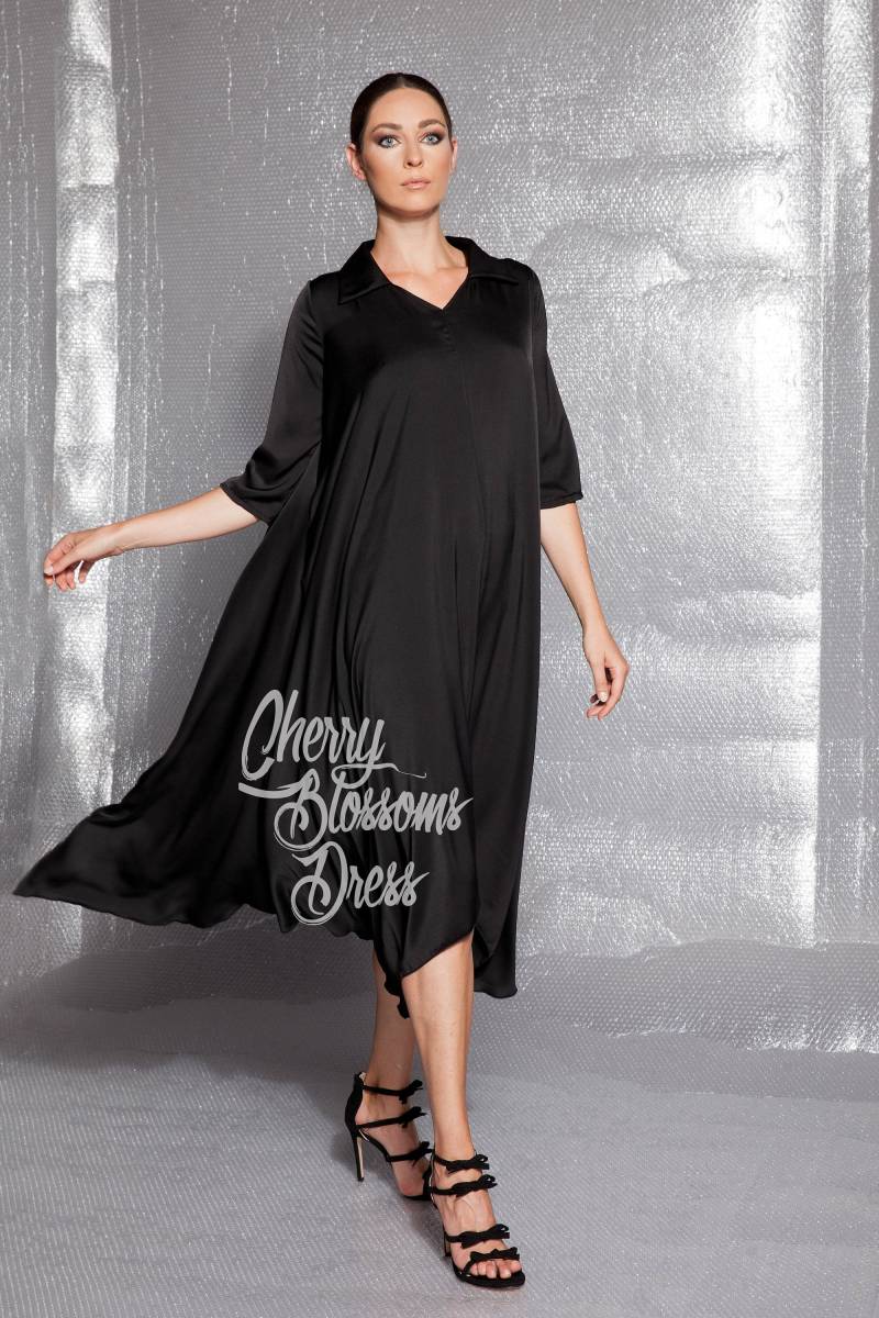 Schwarzes Satin Abendkleid V-Ausschnitt, Mitte Ärmel, Plus Size Schwarzes Satin Abendkleid V-Ausschnitt, Mitte Ärmel, Plus Size von cherryblossomsdress