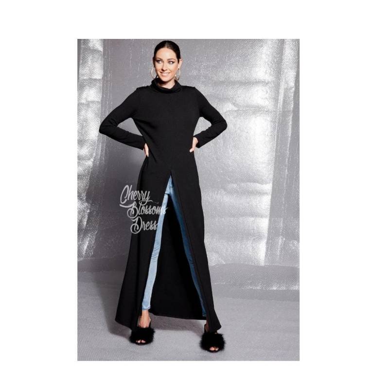 Schwarzes Viskose Strick Maxi Kleid Langarm Tunika Mit Schlitz von cherryblossomsdress