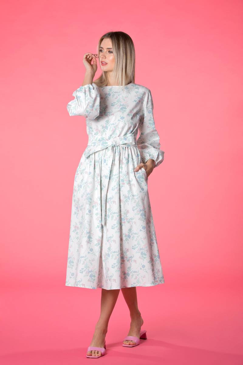 Vintage-stil Kleid, Maxi Gürtel Sommer Blumen Bischof Ärmel Retro Taschenkleid, Elegant von cherryblossomsdress