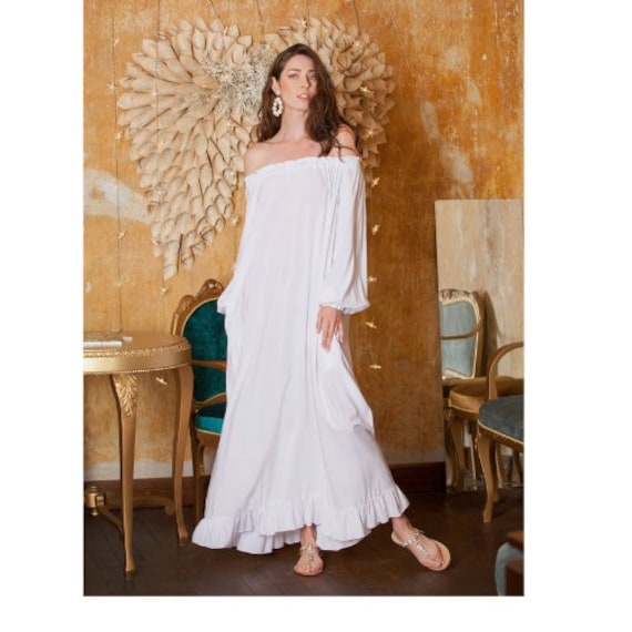 Weißes Sommerkleid, Schlichtes Hochzeitskleid, Strandhochzeitskleid, Weißes Kaftankleid, Umstandskleid, Plus Size Kleid von cherryblossomsdress