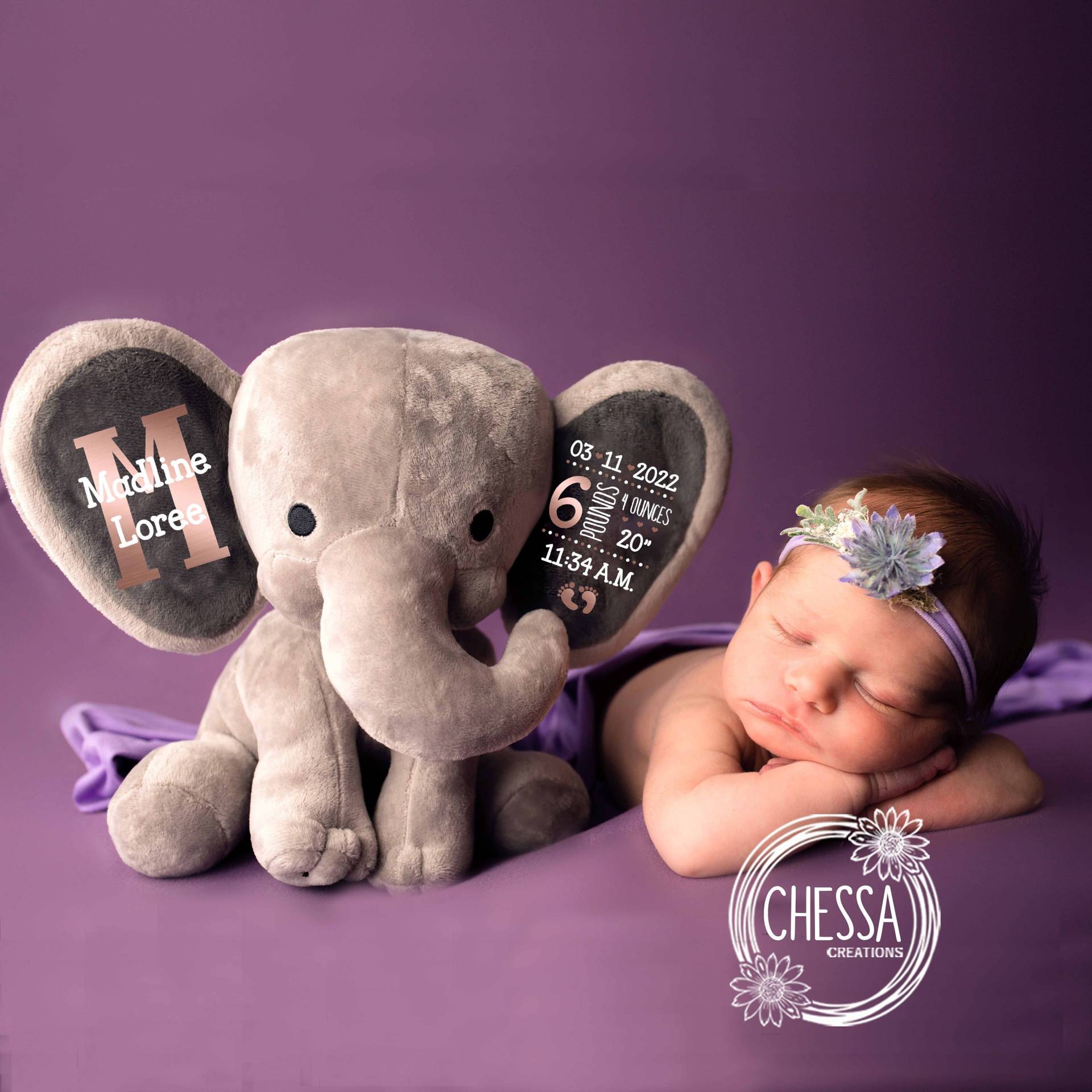 Geschenk Für Baby Mädchen Süße Alternative Zu Babykleidung, Neue Mama Geschenkkorb, Rosa Geschenkbox Shower Elefant Roségold von chessacreations