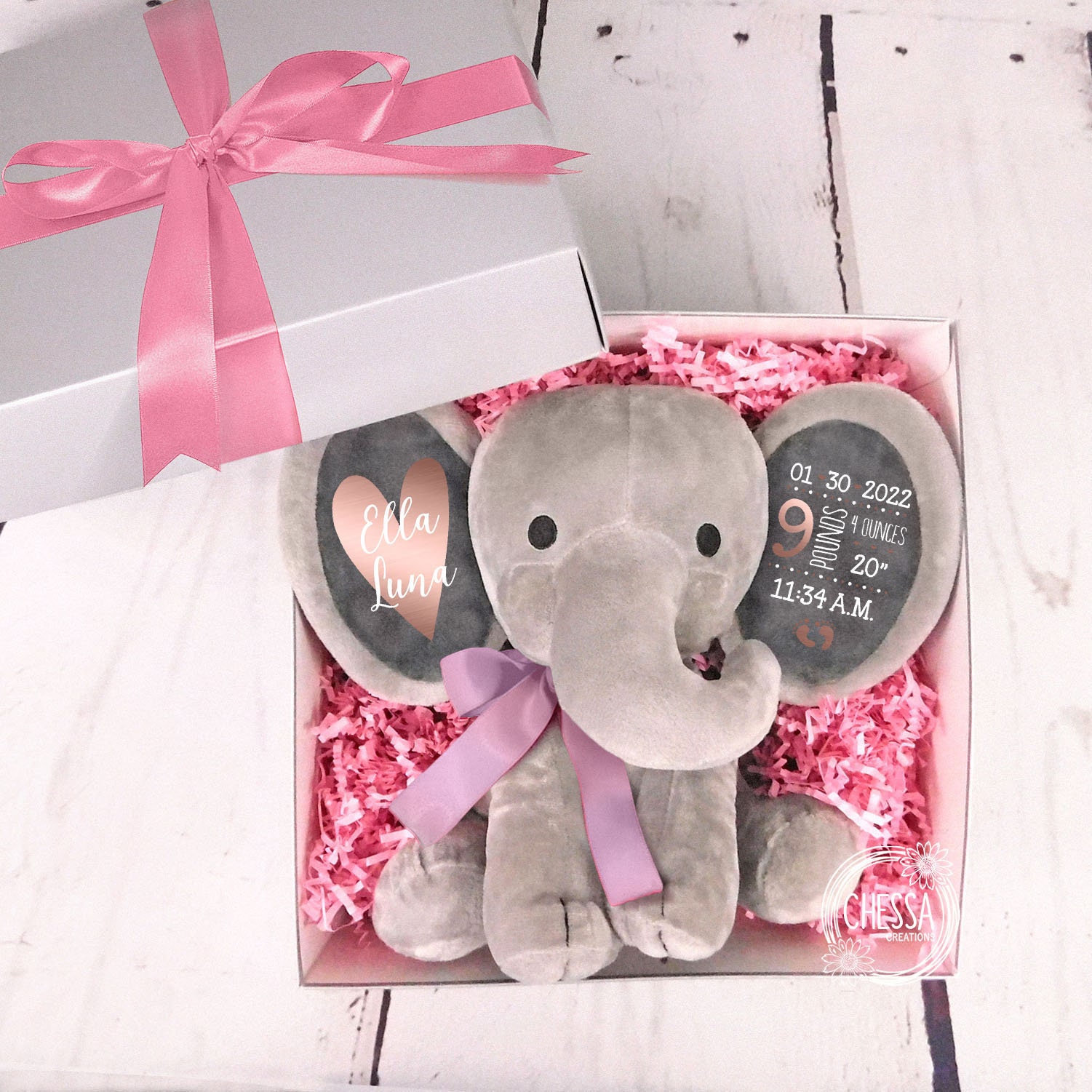 Geschenk Für Baby Mädchen & Neue Mama, Rosa Geschenkbox Shower Geschenkkorb, Personalisierter Elefant Stofftier, Roségold von chessacreations