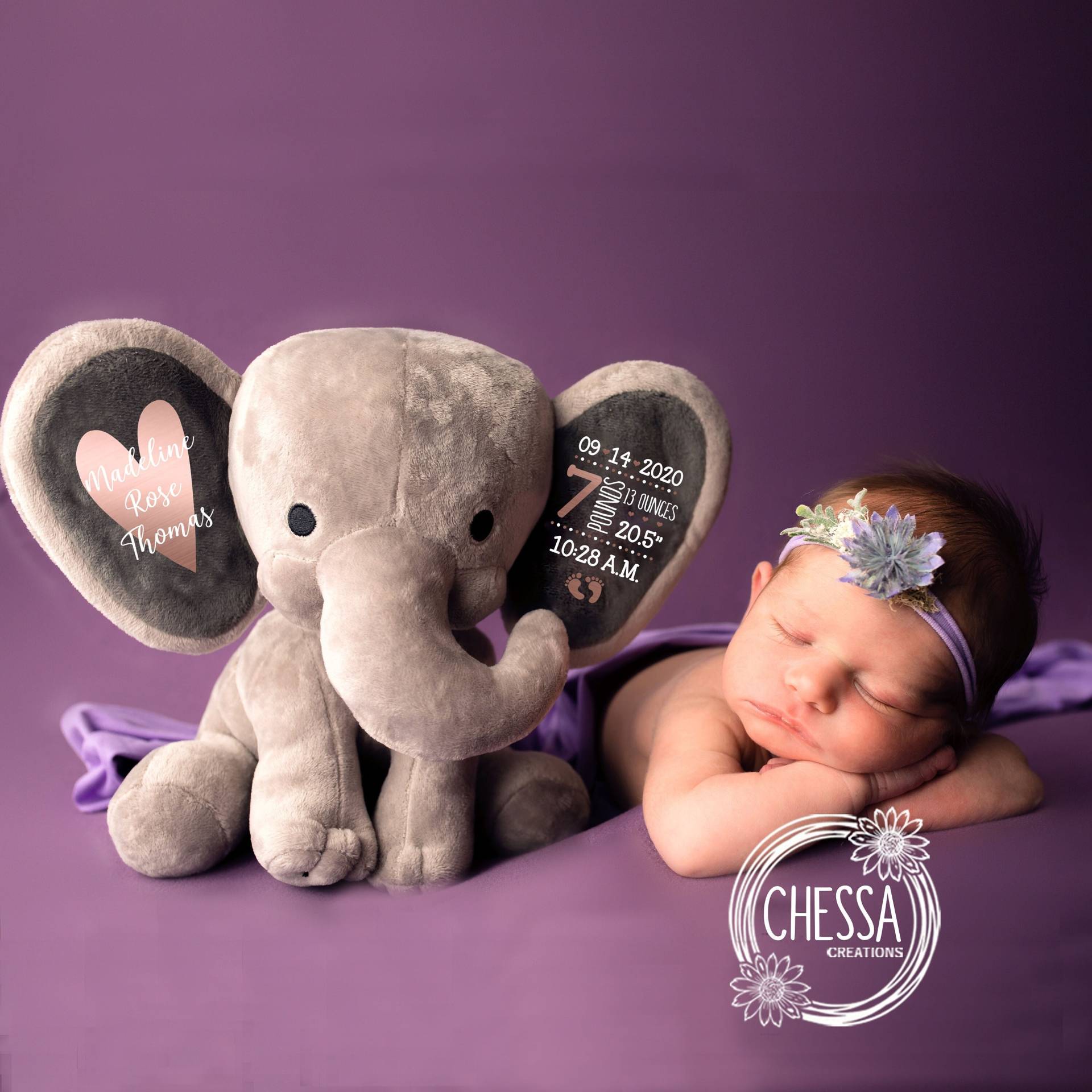 Geschenk Für Baby Mädchen & Neue Mama, Rosa Geschenkbox Shower Geschenkkorb, Personalisiertes Elefant Stofftier, Rosegold von chessacreations