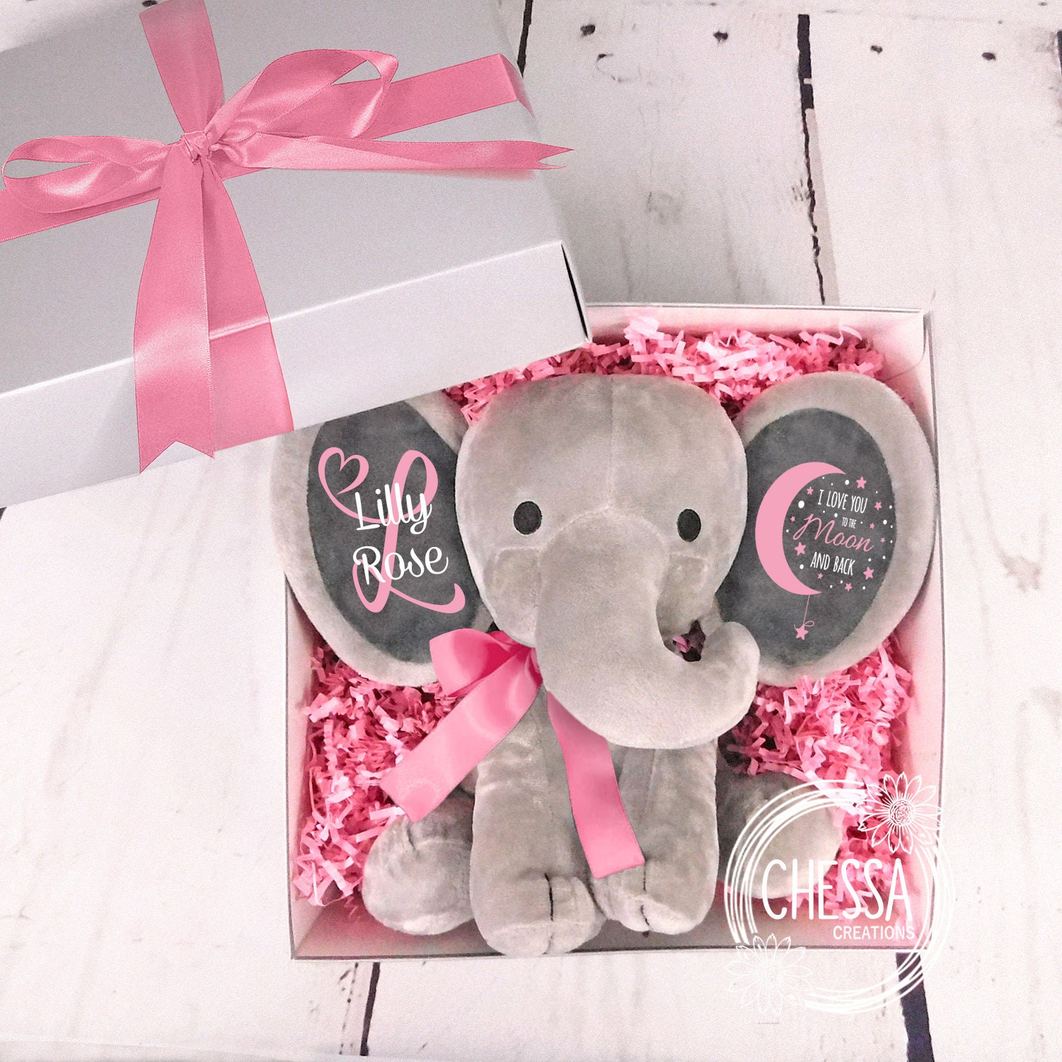 Mädchen Baby Shower Geschenk Set Angepasst Elefant Stofftier Für Neugeborene Geschenkkorb Rosa, Ich Liebe Dich Bis Zum Mond Und Zurück von chessacreations