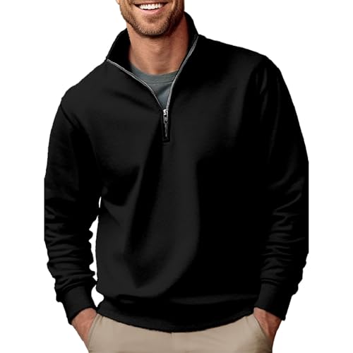Herren-Sweatshirt mit Reißverschluss und Stehkragen für Herren, einfarbig, mit vertikalem Kragen und Fleece, Schwarz , M von chhoioia