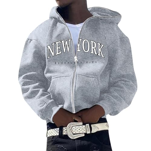 chhoioia Fleece Hoodie Herren Herrenmode-Freizeit-Komfortabler Kapuzenpullover mit New York-Englisch-Buchstabendruck und durchgehendem Reißverschluss Herren Trainingspullover (Grey, L) von chhoioia