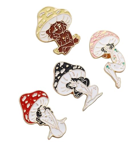 4 Stück Pilz Lady Emaille Pins Mädchen und Pflanzen Broschen Revers Abzeichen Tasche Cartoon Revers Knopf Abzeichen Natur Kunst Schmuck Geschenk von chichengnian