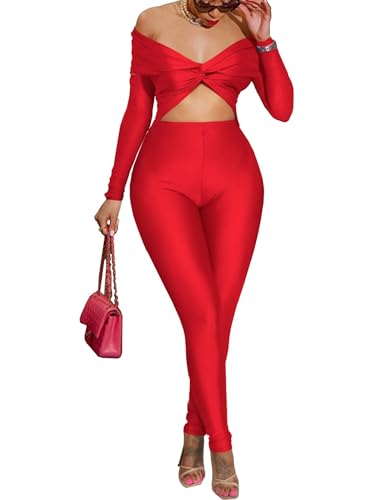 chicyes 2-teiliges Outfit für Damen, sexy, schulterfrei, figurbetont, ausgestellte Hose, Club-Outfits, Trainingsanzug 2024, 1-Rot, Small von chicyes