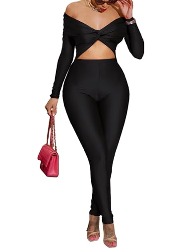 chicyes 2-teiliges Outfit für Damen, sexy, schulterfrei, figurbetont, ausgestellte Hose, Club-Outfits, Trainingsanzug 2024, 1-schwarz, Medium von chicyes