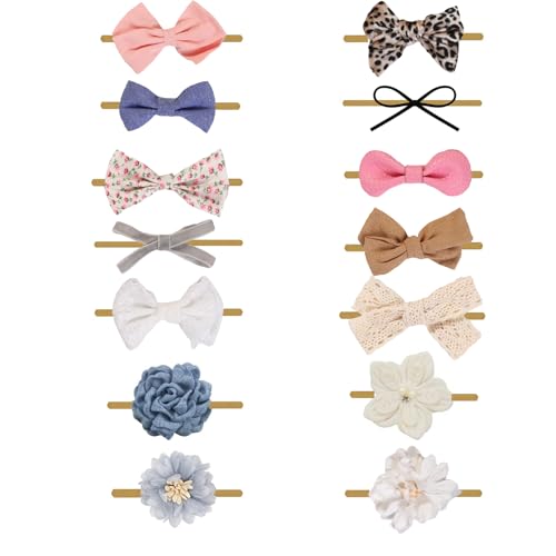 14 Stück Baby Mädchen Haarbänder Haarschleifen Nylon Baumwolle Leinen Haarbänder Handmade Haarschmuck für Neugeborene Kleinkind Kleinkinder Mädchen und Kinder von chiduerm