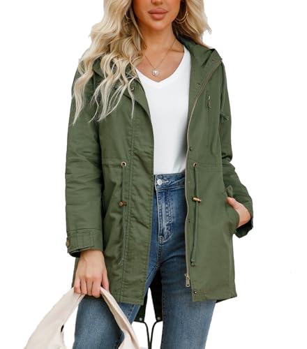 chiguomaoyi Damen Casual Leichtgewicht Militär Jacken Anorak Utility hohe Taille Drawstring Zip Up Hood Mantel von chiguomaoyi