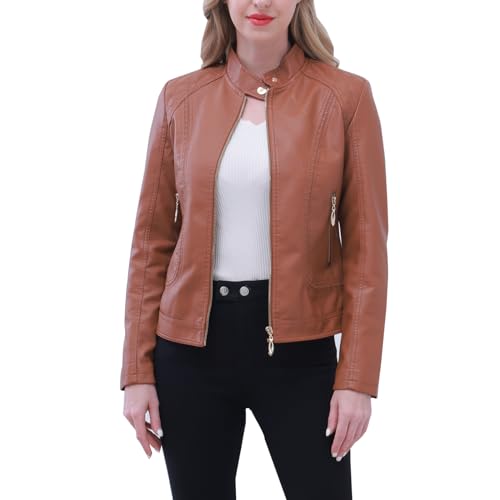 chiguomaoyi Lederjacke Damen PU Bikerjacke mit Reißverschluss Kurze Jacke für Herbst von chiguomaoyi