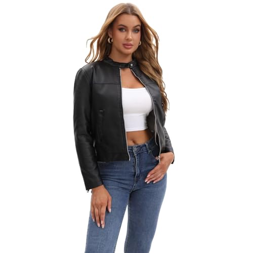 chiguomaoyi Lederjacke Damen PU Bikerjacke mit Reißverschluss Kurze Jacke für Herbst von chiguomaoyi