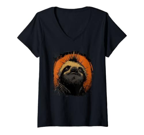 Damen Cooles Punkrock Faultier T-Shirt mit V-Ausschnitt Damen Cooles Punkrock Faultier T-Shirt mit V-Ausschnitt von chilling sloth love
