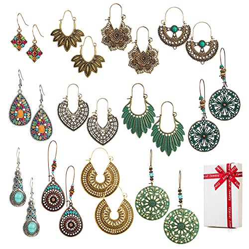 12 paar Boho Style Baumeln Ohrringe Vintage Hängend Set für Kleidung Damen Frauen Mädchen,Retro Böhmischer Orientalisch Hängeohrringe Ohrring Ohrstecker Piercing Ohr Mit Blumen Blatt Wassertropfen von CHINPING