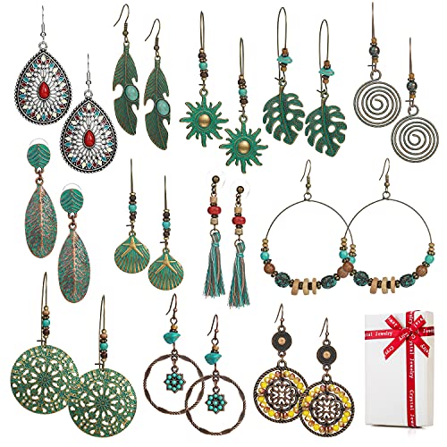 12 paar Boho Style Baumeln Ohrringe Vintage Hängend Set für Kleidung Damen Frauen Mädchen,Retro Böhmischer Orientalisch Hängeohrringe Ohrring Ohrstecker Piercing Ohr Mit Blumen Blatt Quasten Feder von CHINPING