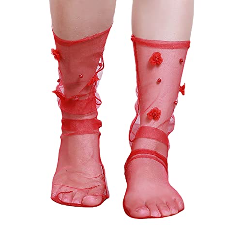 Socken aus Gekämmter Spitzenknöchelsöckchen Kleidersocken für Damen Atmungsaktive Socken aus Eisseide (Red, One Size) von chiphop