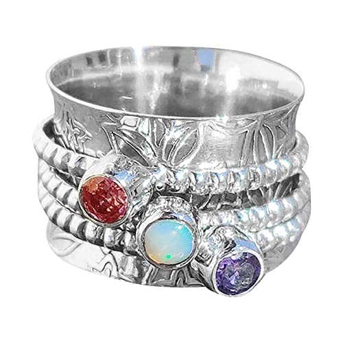 chiphop Ring Herren Ring Böhmischer Edelstein Meditation Spinning Ring Silberfarbener Set Ring Mode Persönlichkeit Ring rund silberfarben kein Loch (Silver, 6) von chiphop