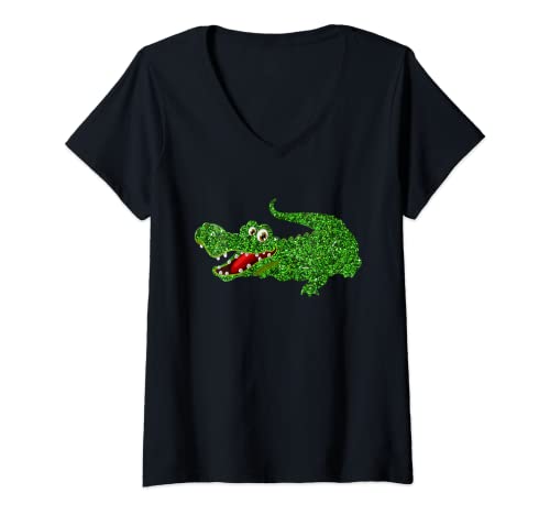 Damen Alligator grün Krokodil Tier, Mädchen und Jungen T-Shirt mit V-Ausschnitt von SunFrot