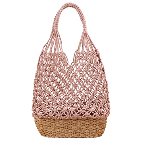 chiwanji Schultertasche, Sommer Strandtasche Damen Tasche Basttasche Strand Netztasche Handtasche für Reise Outdoor, Rosa von chiwanji