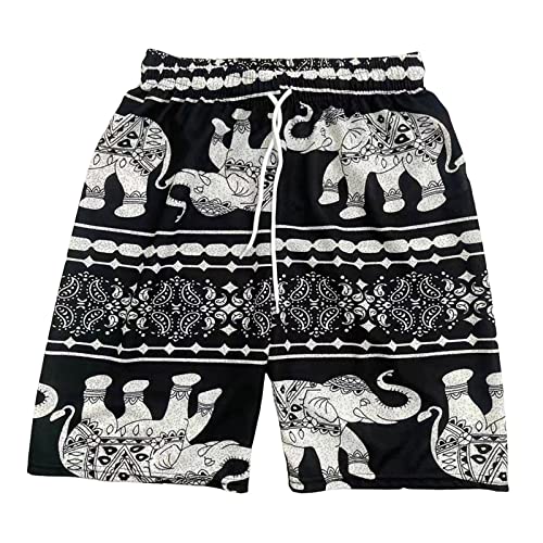 chiwanji Strandshorts Herren Damen Hippie Shorts Slip Weites Bein Elastisch Taille Mode Strandhose Thailand Elefant Kurze Hose für Urlaubsreisen, Schwarze weiße Streifen von chiwanji