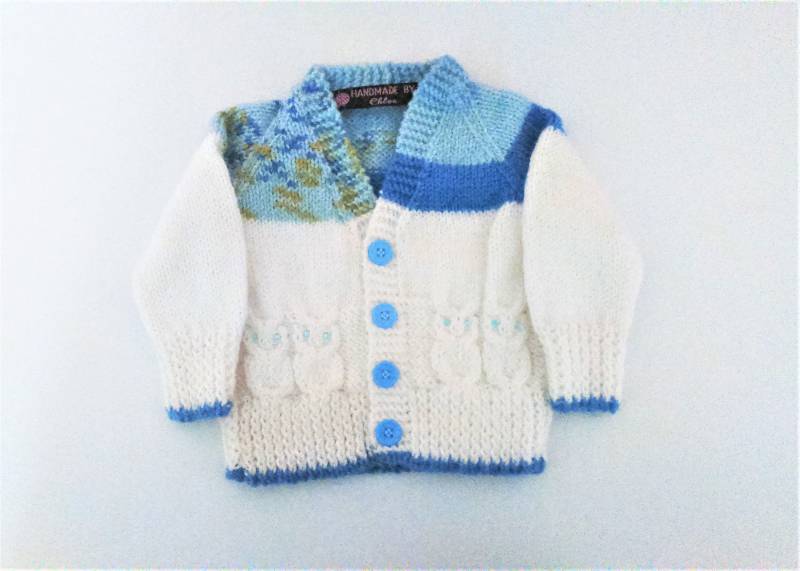 Unisex Handgestrickt Blau/Weiß/Multi Farbe Eule Cardigan/Vom Neugeborenen Bis Drei Monate Altes Baby Kann Getragen Während Der Sommer Und Winter von chloehandmadeitems