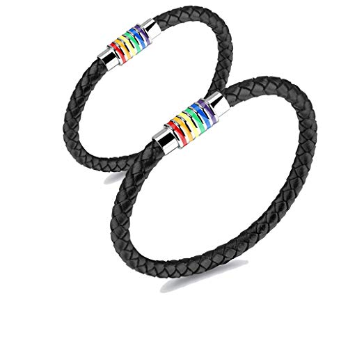 2stk Regenbogen Geflochtenes Edelstahl Leder Armband,Homosexuell LGBT Gay & Lesbian Pride Armreif mit Magnet Verschluss,Schwarz Charm Streifen Armbänder Armreifen für Herren Damen Männer Schwul 21.5cm von cholinchin