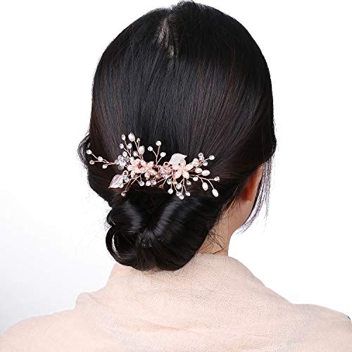 Rose Gold Haarschmuck Hochzeit für Braut,Vintage Roségold Strass Haarkamm für Mädchen Brautschmuck mit Blätter,Rosegold Perle Handgefertigt kamm Tiara Jewelry Diadem für Hochzeit von cholinchin