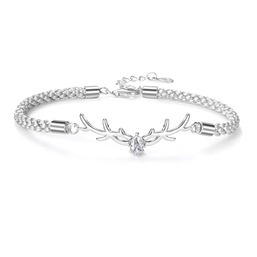 Geweih Armband 925 Silber Damen,Geflochten Seil Zirkonia Verstellbar Liebes Armbänder Reh Kitz Sikahirsch Hirsch Glücksarmband Schmuck Geschenke für Frauen Frau BFF Teenager Kinder Mädchen Weihnachten von cholinchin