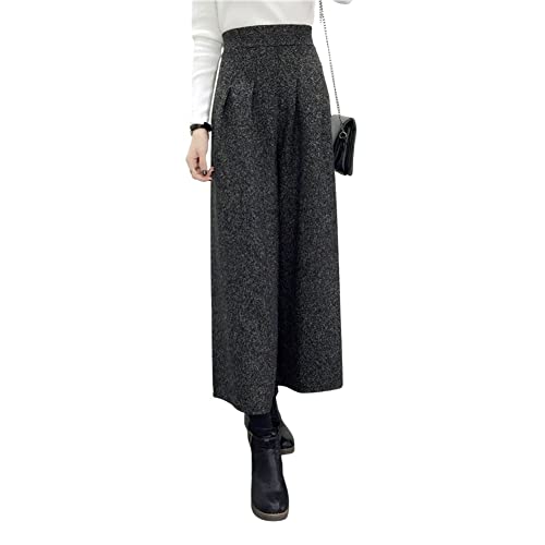 chouyatou Damen Winter Hohe Taille Weites Bein Plaid Wollmischung Palazzo Caprihose Culottes mit Taschen, Dunkel_Grau, Groß von chouyatou
