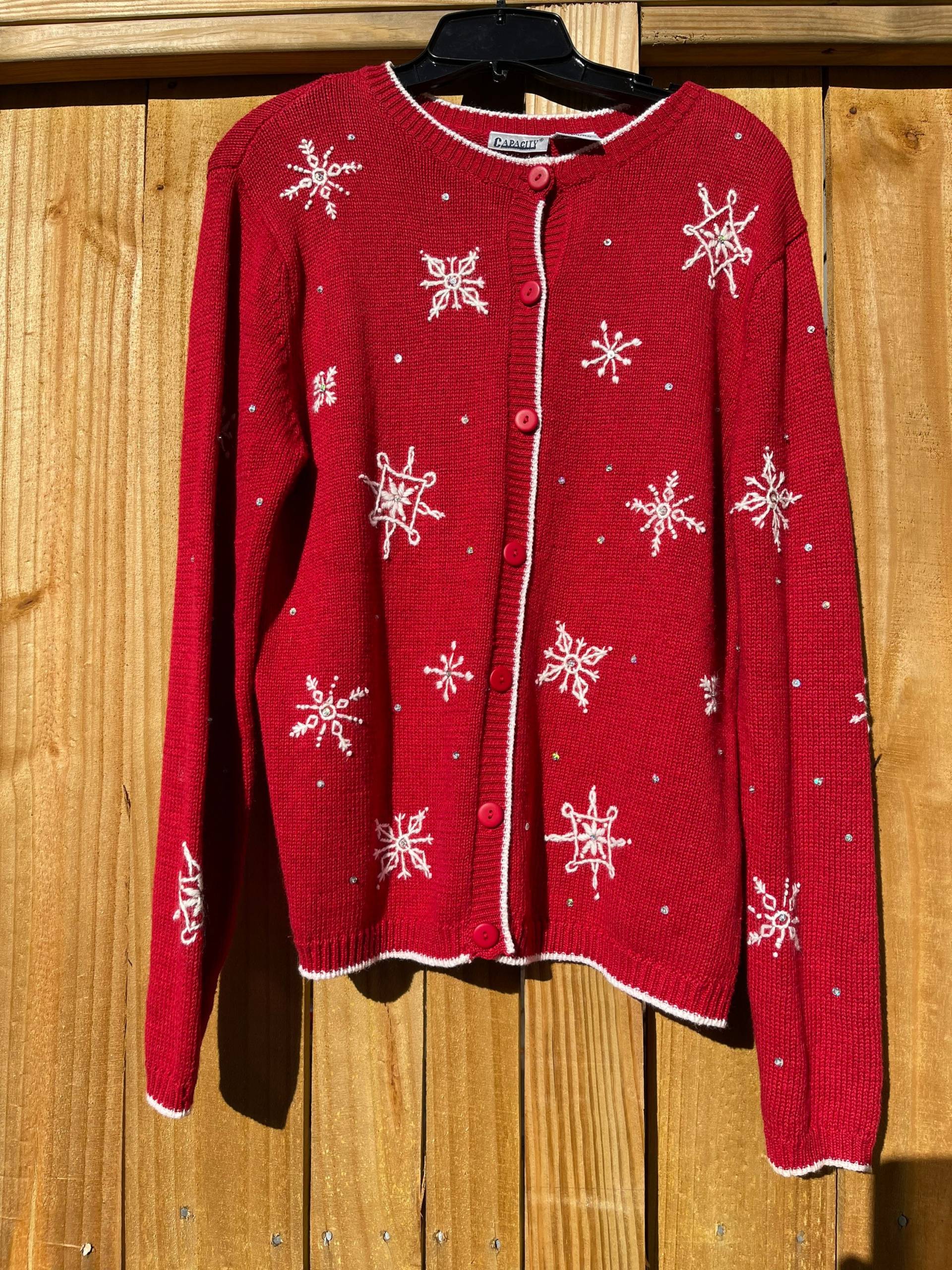 Roter Schneeflockenpullover Größe Medium Ugly Weihnachtspullover Urlaub Pullover Winter Skipullover Button Up Cardigan By Capacity 90S von chrisaliciavintage