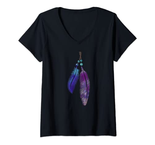 Damen T-Shirt Federn auf einem Band mit Perlen, Aquarell-Stil. T-Shirt mit V-Ausschnitt Damen T-Shirt Federn auf einem Band mit Perlen, Aquarell-Stil. T-Shirt mit V-Ausschnitt von christine-krahl - T-Shirts - tees