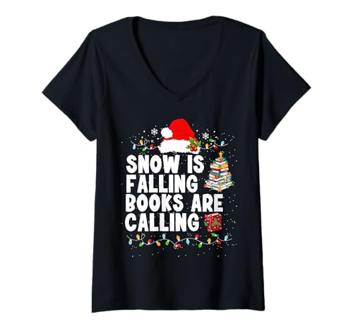 Damen Snow is Falling Books Are Calling T-Shirt mit V-Ausschnitt Damen Snow is Falling Books Are Calling T-Shirt mit V-Ausschnitt von christmas book lover Books are Calling