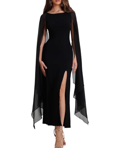 Abendkleider Elegant für Hochzeit Curvy Rundhalsausschnitt Brautkleider Halloween Kostüm Damen Flatterärmel Abschlussballkleider Schwarzes Festliche Kleider Cocktailkleid mit Frontschlitz(Schwarz,S) von chuangminghangqi