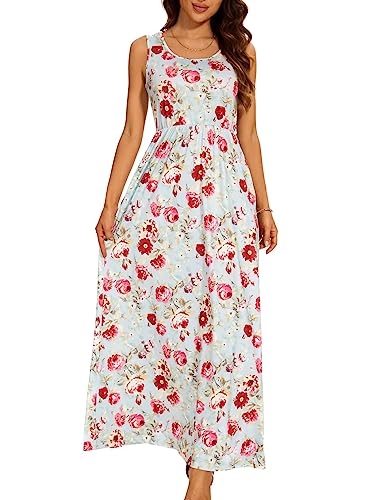 Cocktailkleid Damen Lang mit Taschen Blumenkleid Casual Boho Kleid mit Hoher Taille Maxikleid Damen Sommer A-Linien Umstandskleid Strandkleid Curvy Sommerkleid Freizeitkleider (Hellblau,S) von chuangminghangqi