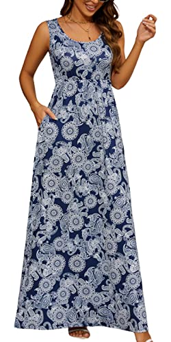 Cocktailkleid Damen Lang mit Taschen Blumenkleid Casual Boho Kleid mit Hoher Taille Maxikleid Damen Sommer A-Linien Umstandskleid Strandkleid Curvy Sommerkleid Freizeitkleider (Tibetisch blau,S) von chuangminghangqi