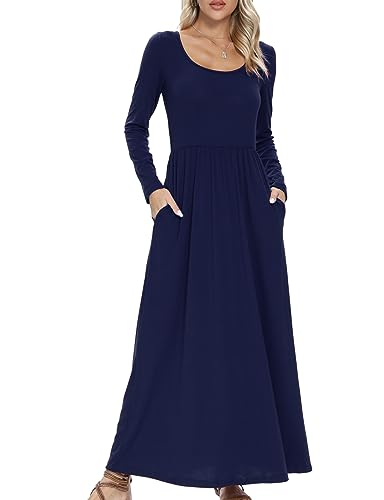 Cocktailkleid Damen Lang mit Taschen Rundhals Langarm Maxikleid A-Linien Umstandskleid Blau Festliche Kleider Lassiges Abendkleid Elegantes Herbstkleid Einfarbig Jerseykleid(Marineblau,S) von chuangminghangqi