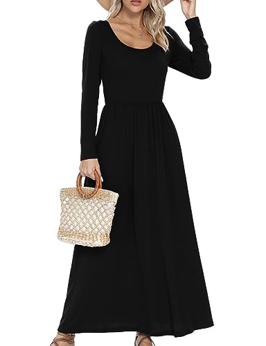 Cocktailkleid Damen Lang mit Taschen Rundhals Langarm Maxikleid A-Linien Umstandskleid Schwarz Festliche Kleider Lassiges Abendkleid Elegantes Herbstkleid Einfarbig Jerseykleid(Schwarz,S) von chuangminghangqi