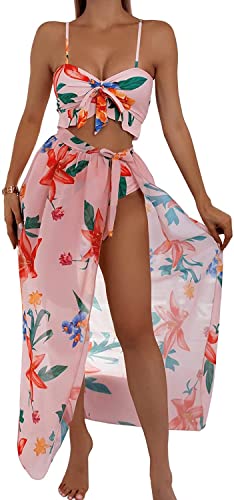 Damen-Badeanzug, 3-teilig, Strandrock, bedruckt, Blume, Bikini, Rock, verstellbar, Push-Up, schlankmachend, gepolstert, Badeanzug, Rosa, S von chuangminghangqi