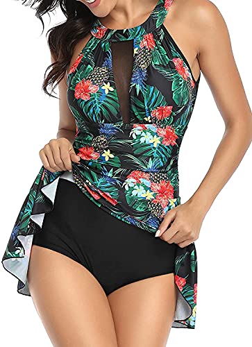 Damen-Badeanzug, einteilig, mit Rock, Push-Up, gepolstert, Schlankheitseffekt, Bikini, Rock, Tankini, hohe Taille, Beachwear Vintage, Schwarz-Blumen2, S von chuangminghangqi