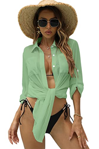 Damen Badeanzug Cover-Ups Sommer Strandponcho Strandkleid Chiffon Bademode Bikini Strandurlaub Strand Cover Up Kleid Shirt(Grün,Einheitsgröße) von chuangminghangqi