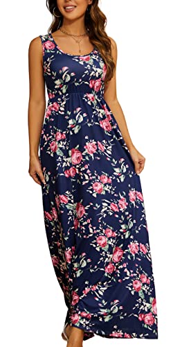 Damen Blumenkleid Lang A-Linie Curvy Sommerkleid Damen Lang mit Taschen Boho Kleid Cocktailkleid Ärmelloses Abendkleider Partykleid Cocktailkleid(Dunkelblau,XL) von chuangminghangqi