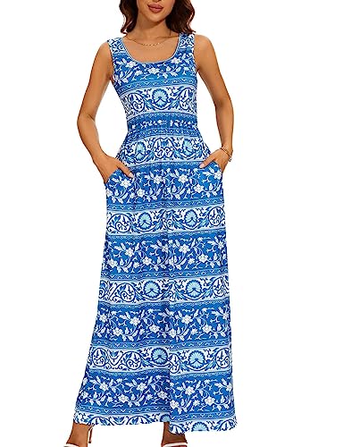 Damen Blumenkleid Lang A-Linie Curvy Sommerkleid Damen Lang mit Taschen Boho Kleid Cocktailkleid Ärmelloses Abendkleider Partykleid Cocktailkleid Umstandskleid(Blau,XL) von chuangminghangqi