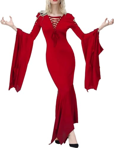 Damen Bodenlanges Kleid mit Schnürung am Ausschnitt Halloween Kostüm Gotische Hexenkostüm Vintage Sexy Ausgeschnittene Flare Ärmel Fishtail Kleider Faschingskostüm Geisterbraut Kostüme(Rot,XXL) von chuangminghangqi