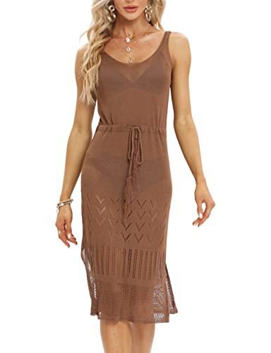 Damen Braun Cutout Rückenfrei Ärmellos Häkel-Cover-Up mit Kordelzug Sexy Rundhals Strick-Strandkleid Sommer Gehäkeltes Strandrock Strandkleidung Beachwear Curvy Freizeitkleid(Braun,XL) von chuangminghangqi