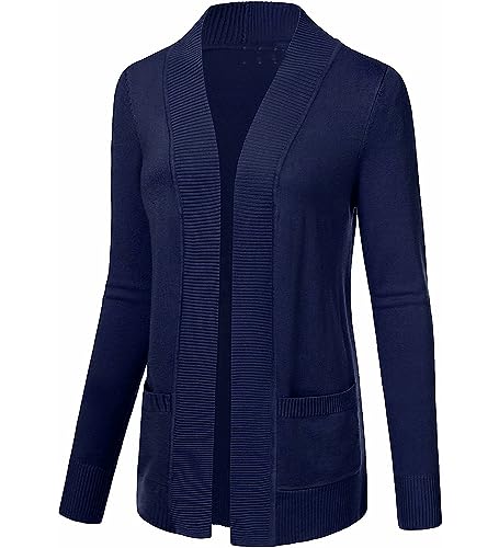 Damen Elegant Casual Strickjacke mit Taschen Solid Offene Langarm Dehnbar Cardigan Blau Leicht Weichem Komfort Gestrickt Blazer Schulterjacke(Dunkelblau,M) von chuangminghangqi