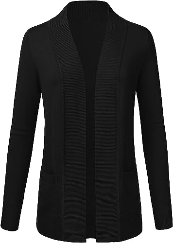 Damen Elegant Casual Strickjacke mit Taschen Solid Offene Langarm Dehnbar Cardigan Schwarz Leicht Weichem Komfort Gestrickt Blazer Schulterjacke(Schwarz,M) von chuangminghangqi