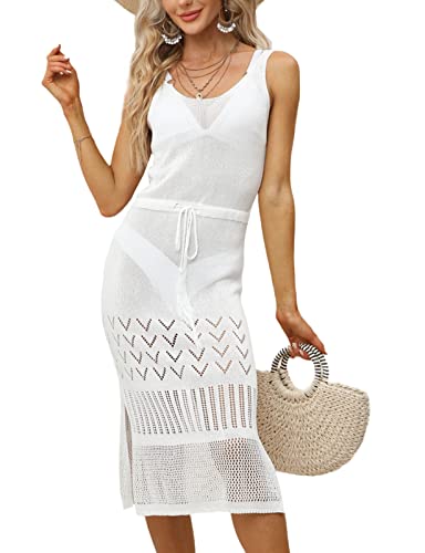 Damen Gehäkelte Cutout Ärmellos Sexy Strickkleider mit Kordelzug Rundhals Strick-Strandkleid Weiß Rückenfrei Bikini-Cover-ups Häkel-Urlaubskleid Strandkleidung Beachwear Curvy(Weiß,S) von chuangminghangqi