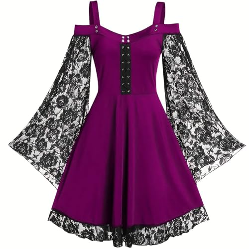 Damen Gothic Weinrot Kleid mit Trompetenärmeln Spitzenbesatz Punk Große Größen Vintage Kurze Cocktailkleid Schulterfrei Abendkleid Besondere Anlässe Kleider Festlich Abschlusskleider(Rose,XL) von chuangminghangqi