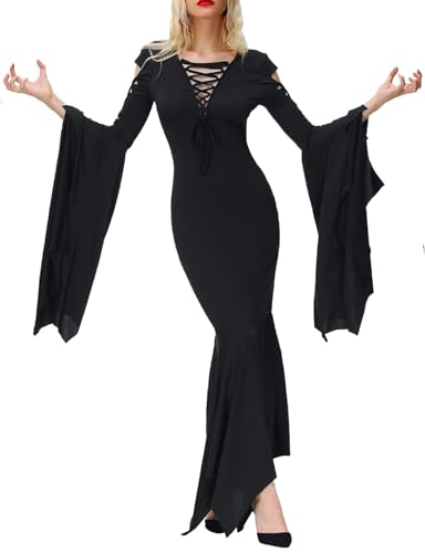 Damen Halloween Schwarz Bodenlanges Kleid Gothic Kostüme Renaissance Faire Kostüm Sexy Ausgeschnittene Flare Ärmel Abendkleider Vampir Cosplay Faschingskostüm Fishtail-Kleid Partykleider(Schwarz,XL) von chuangminghangqi